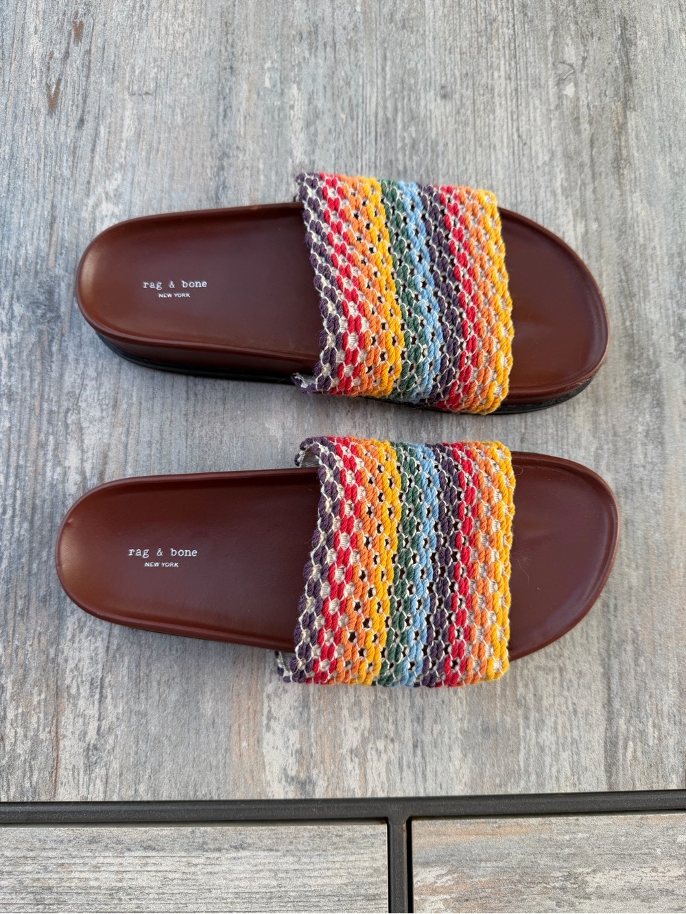 rag & bone Bailey rainbow Multicolor Crochet Strap Slide Sandals 6.5